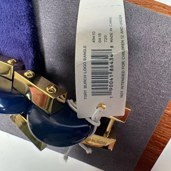 Tory Burch Logo Link Chunky Bangle Bracelet Blue Gold Enamel Chain NWT MSRP $299 - Picture 7 of 10